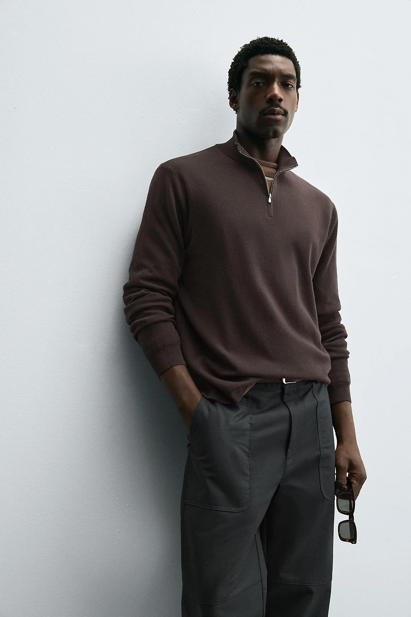ZIPPERED PURL KNIT SWEATER