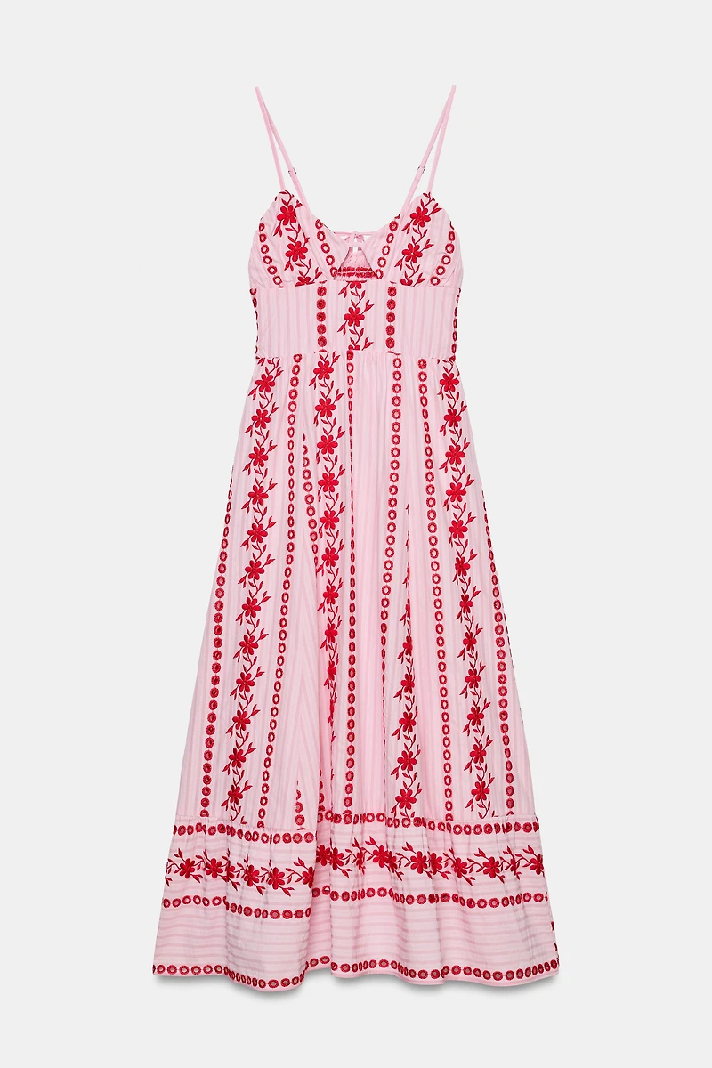 EMBROIDERED EYELET MIDI DRESS
