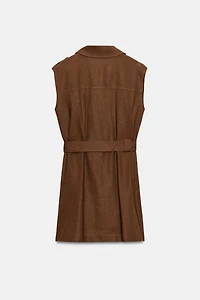 SHORT LINEN BELTED DRESS