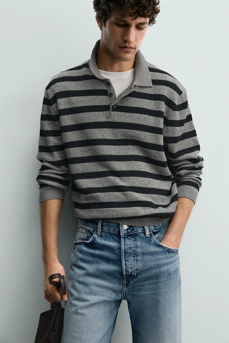 POLO EN MAILLE DE COTON ET LIN À RAYURES