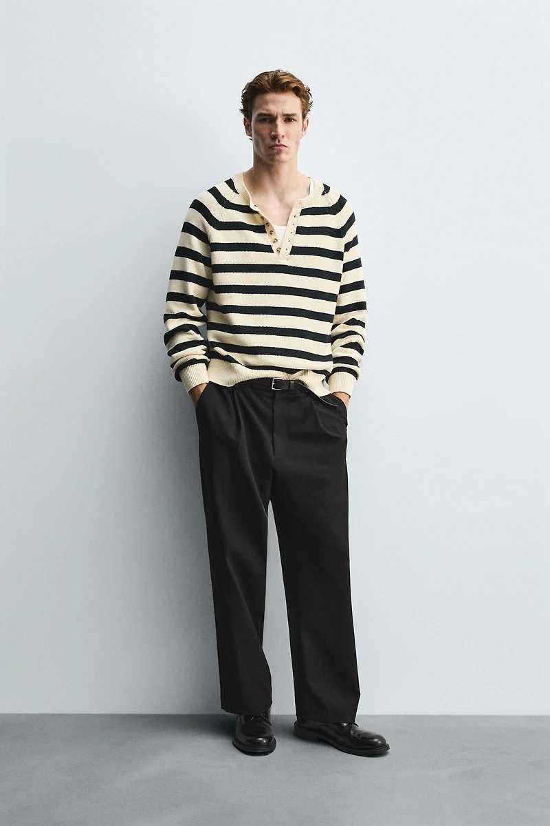 STRIPED SWEATER WITH BUTTON NECK