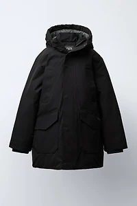 LONG FEATHER DOWN WATER REPELLENT PUFFER COAT WITH DETACHABLE FAUX FUR HOODIE