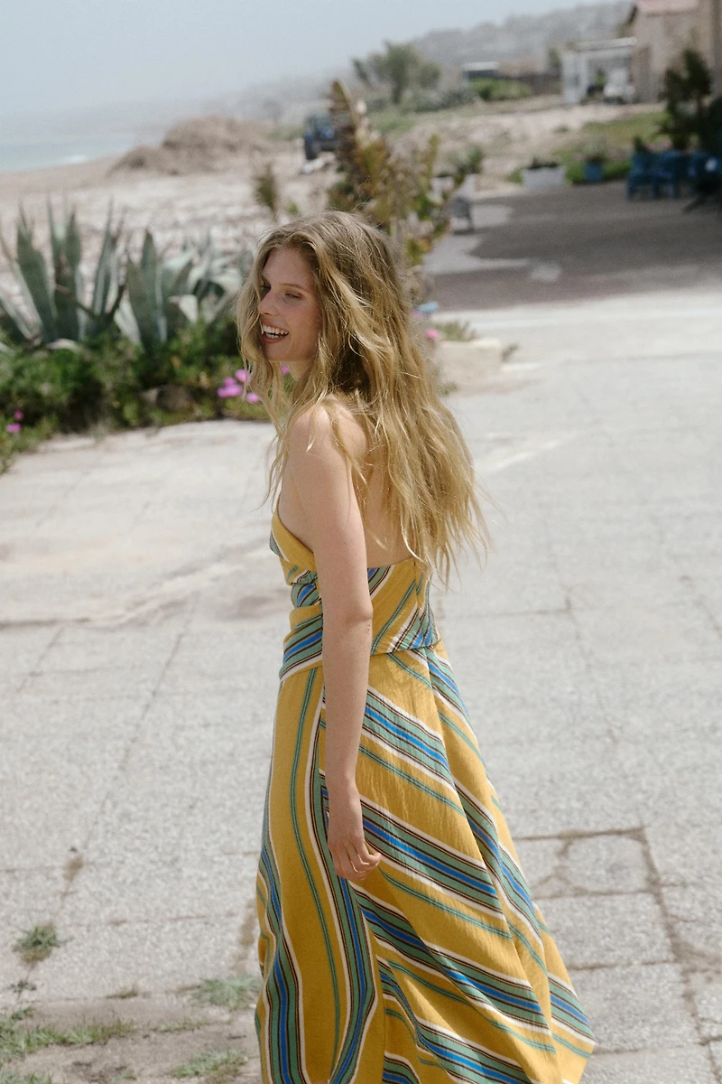 ASYMMETRIC STRIPED MIDI DRESS