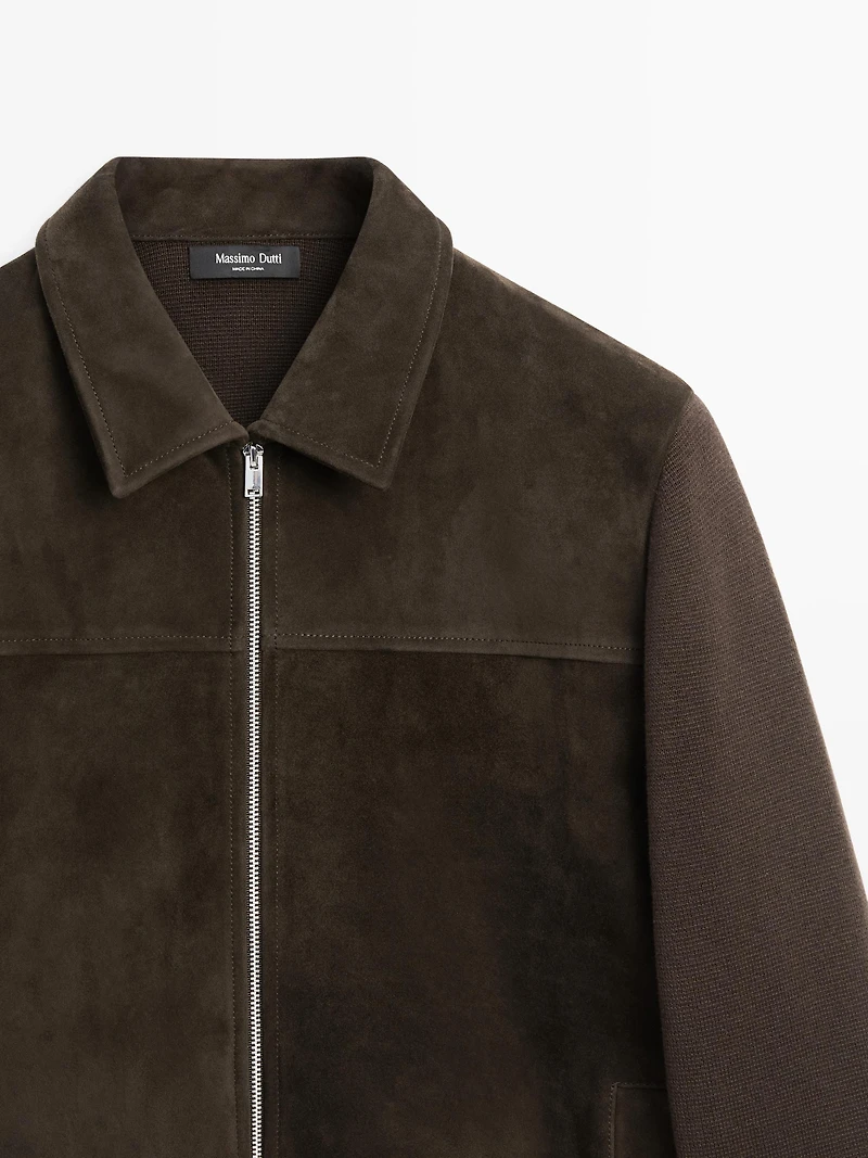 Contrast cotton and leather jacket