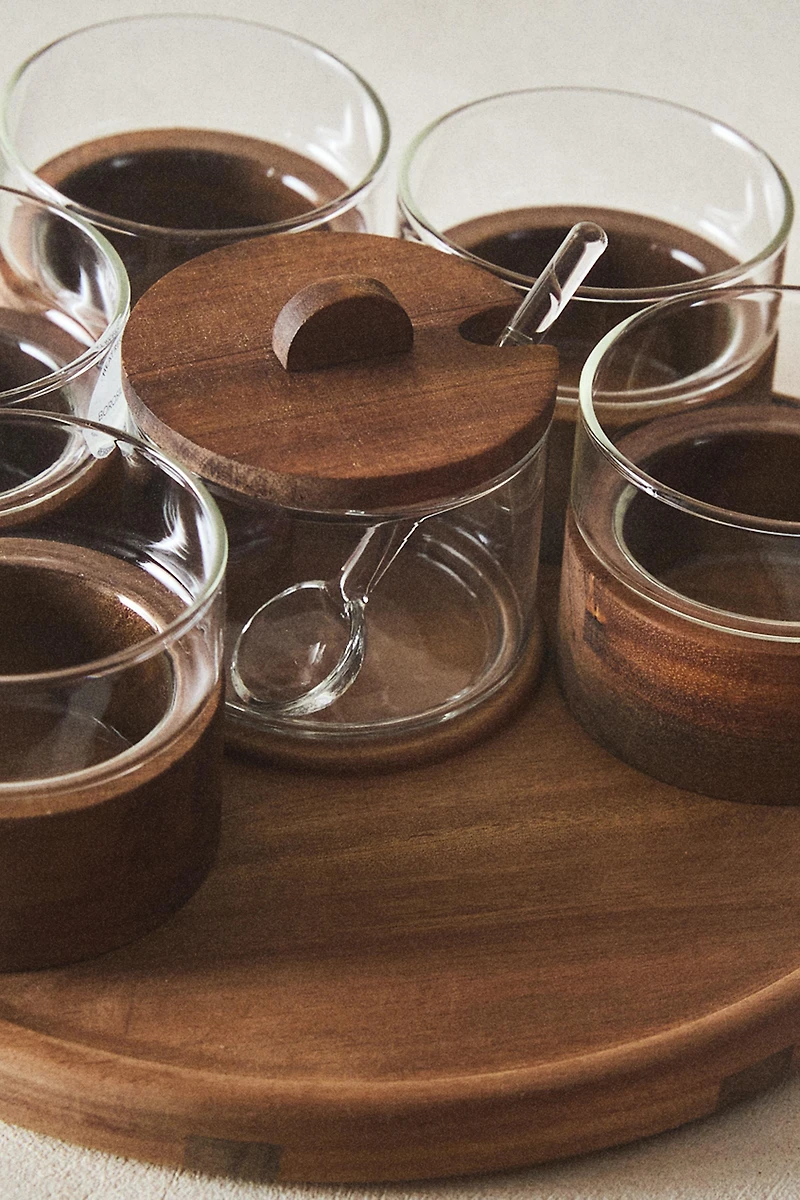 SET OF TUMBLERS AND A WOODEN SUGAR BOWL