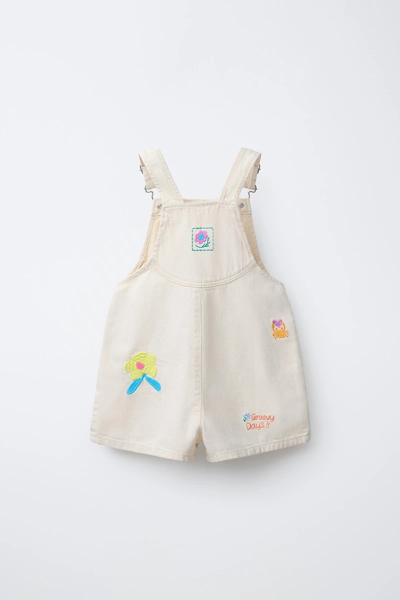 EMBROIDERED TWILL OVERALL SHORTS