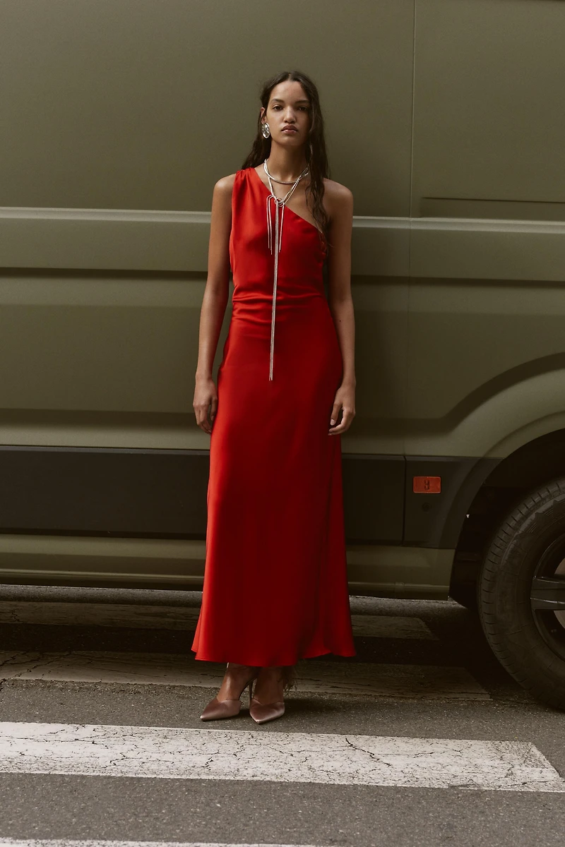 ASYMMETRIC SATIN MIDI DRESS