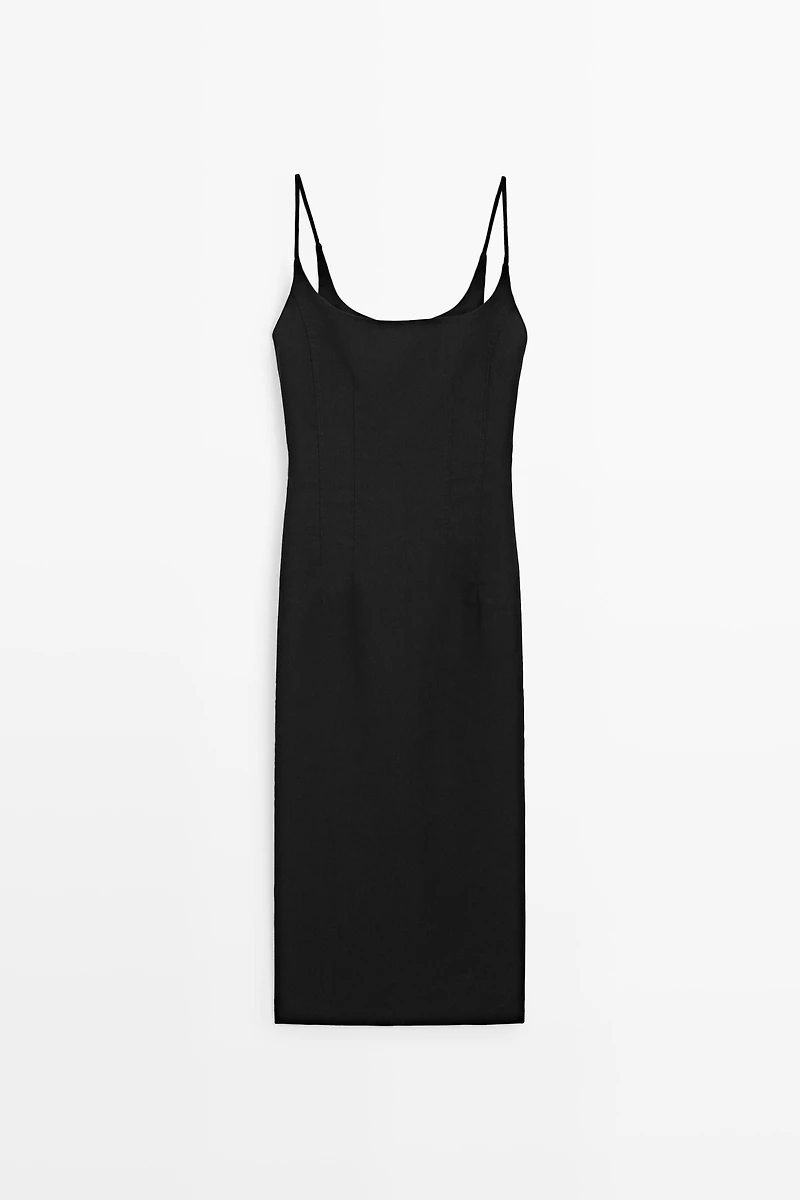 Linen-blend thin strap midi dress