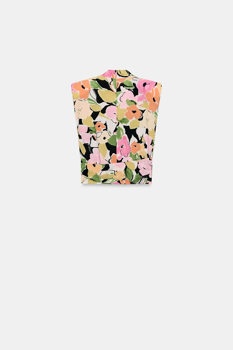 FLORAL PRINT SHOULDER PAD TOP WITH BELT
