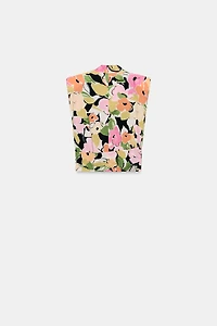 FLORAL PRINT SHOULDER PAD TOP WITH BELT