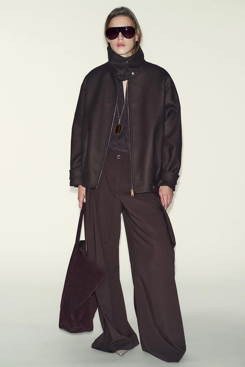 WOOL BLEND BOMBER JACKET WITH HIGH NECK