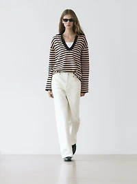 Striped V-neck knit sweater