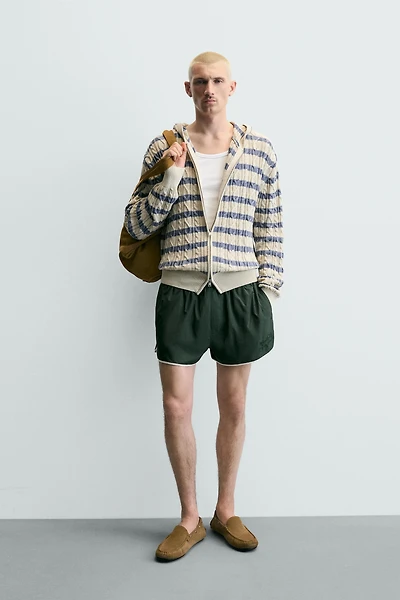 TEXTURED WOVEN HOODIE CARDIGAN