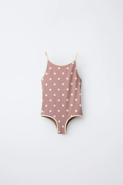 6-14 YEARS/ POLKA DOT SWIMSUIT WITH CONTRASTING PIPING