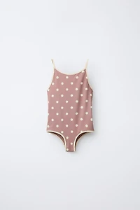 6-14 YEARS/ POLKA DOT SWIMSUIT WITH CONTRASTING PIPING