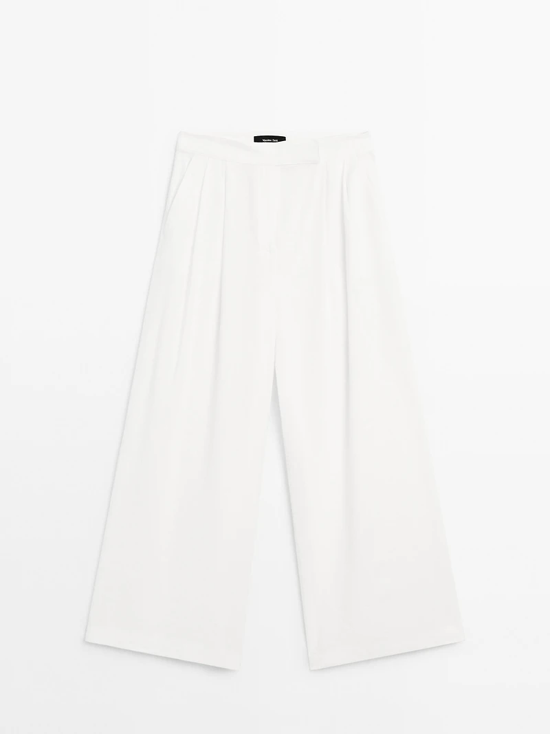 Linen blend darted palazzo trousers