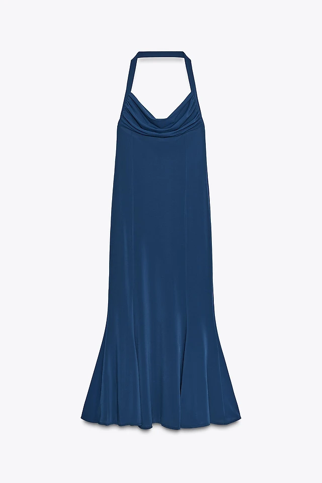 slim fit dress slacks Blue Printed Halter Dress– Beyazura.com