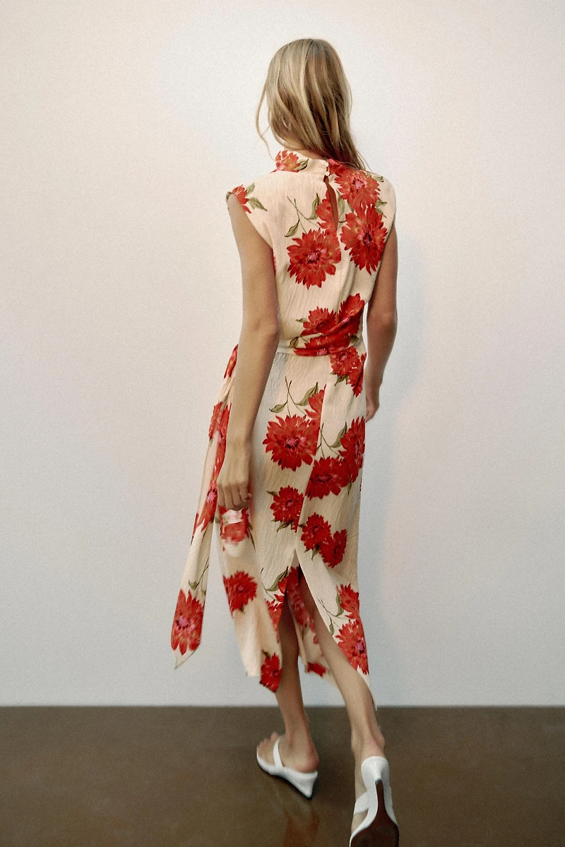 FLORAL PRINT BELTED MIDI DRESS