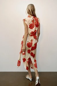 FLORAL PRINT BELTED MIDI DRESS