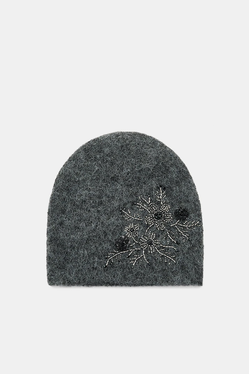 BEADED EMBROIDERED KNIT BEANIE