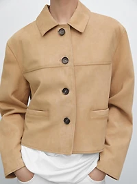 Short suede leather jacket with topstitching