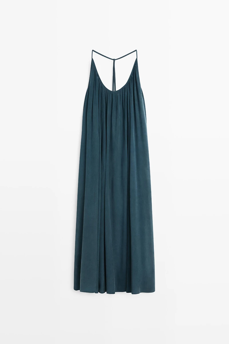 Midi dress with gathered neckline
