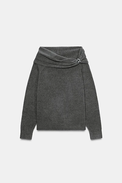 OFF-SHOULDER KNIT SWEATER WITH METALLIC APPLIQUÉ