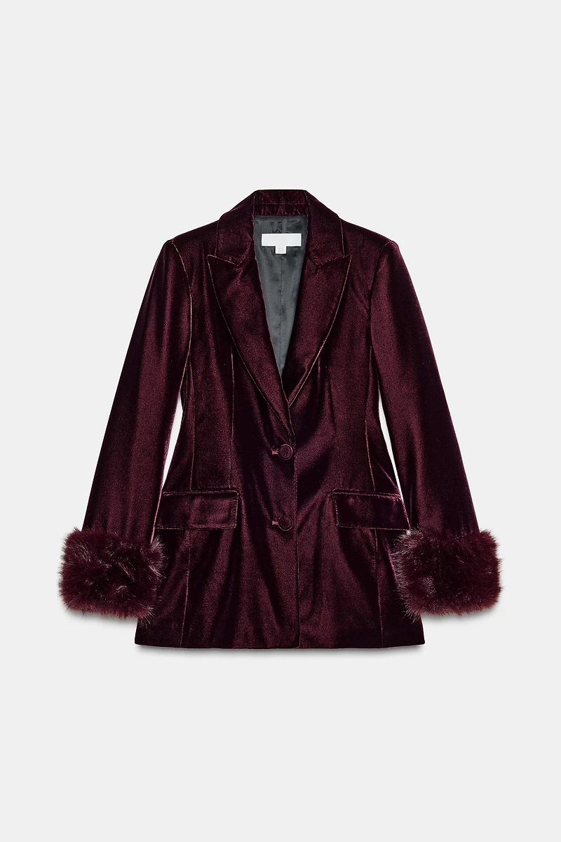 VELVET BLAZER WITH FAUX FUR CUFFS