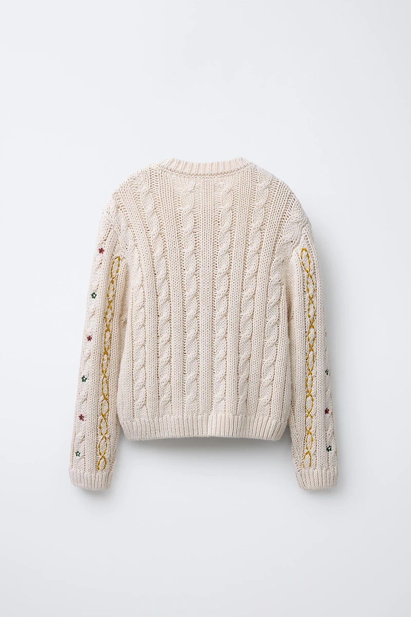 EMBROIDERED CABLE KNIT CARDIGAN