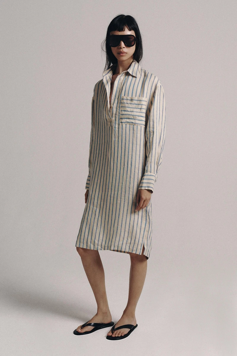ZW COLLECTION 100% LINEN STRIPED SHIRT DRESS