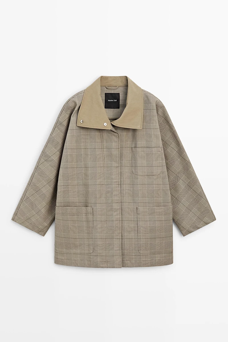 Cotton blend plaid high neck jacket