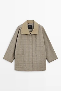 Cotton blend plaid high neck jacket
