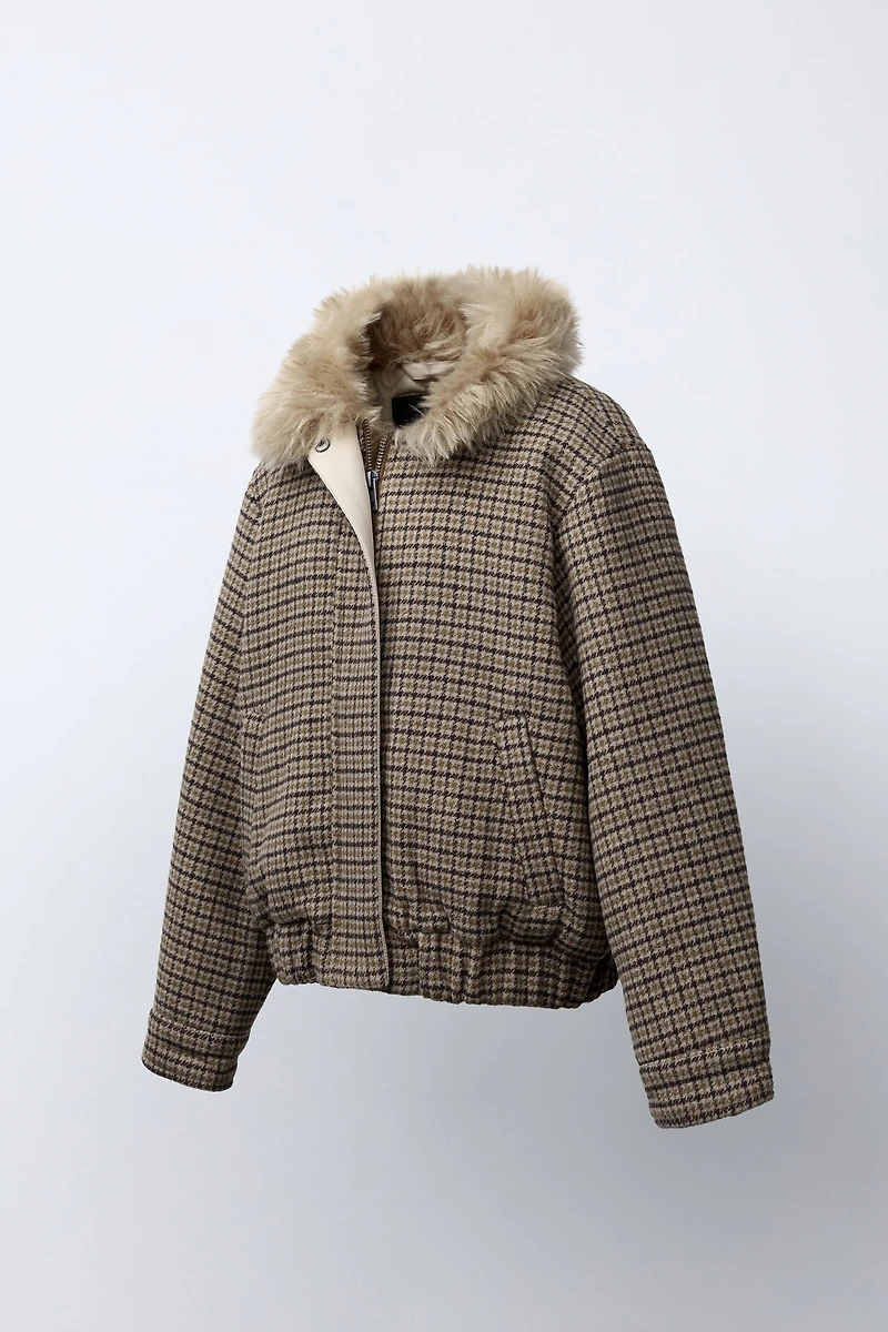 PLAID FAUX FUR COLLAR BOMBER JACKET