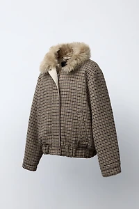 PLAID FAUX FUR COLLAR BOMBER JACKET