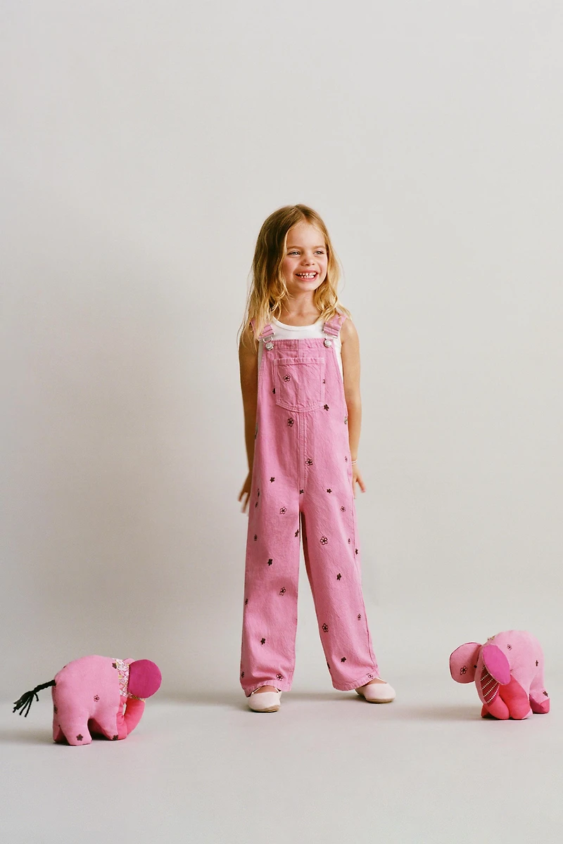 EMBROIDERED FLOWER TWILL OVERALLS