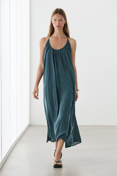 Midi dress with gathered neckline