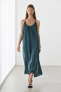 Midi dress with gathered neckline