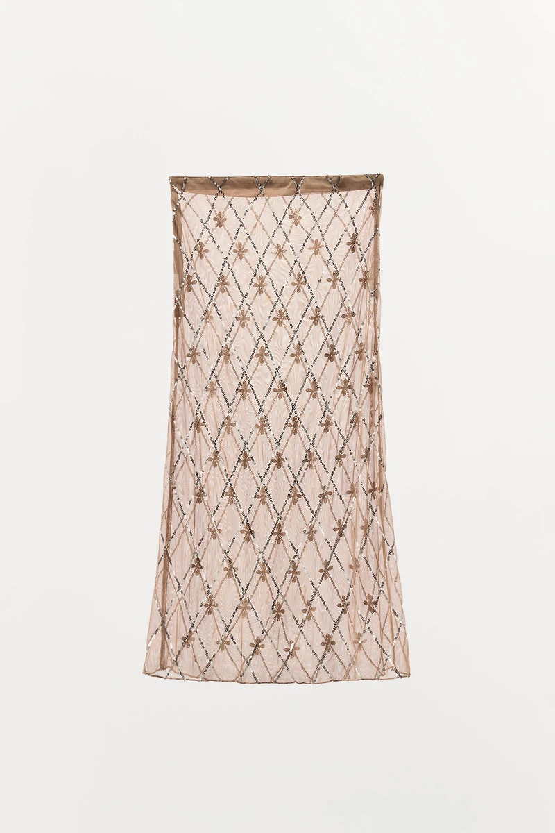 BEADED EMBROIDERED MIDI SKIRT