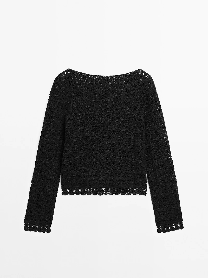 Cotton blend openwork crochet sweater