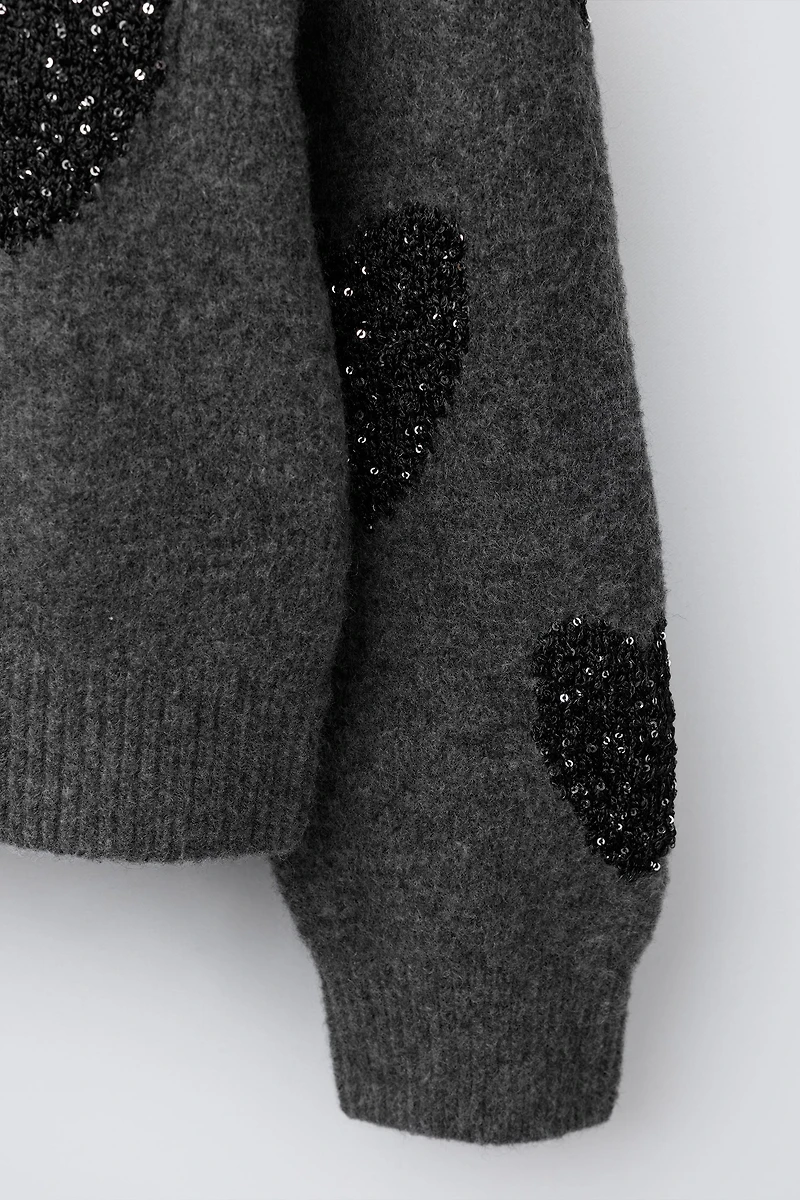 SEQUINED HEART KNIT SWEATER
