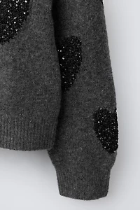 SEQUINED HEART KNIT SWEATER