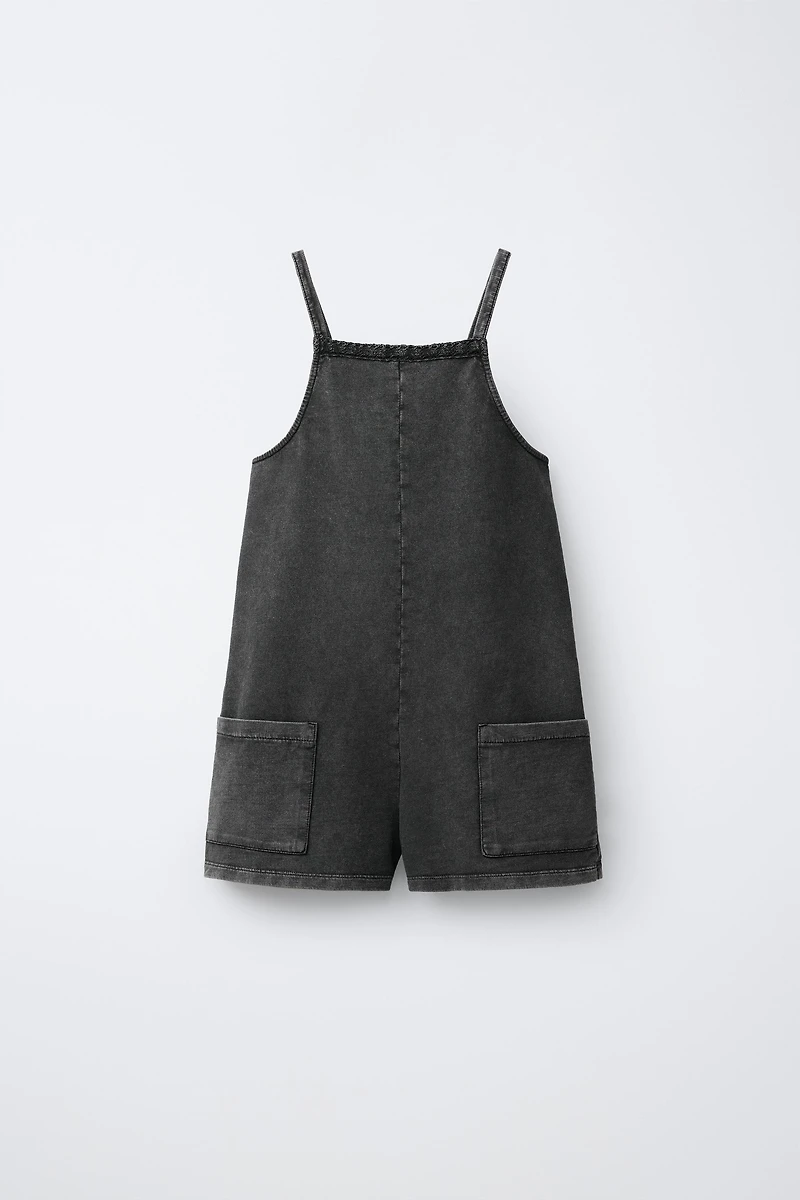 WASHED EFFECT LACE TRIM SHORT JUMPSUIT