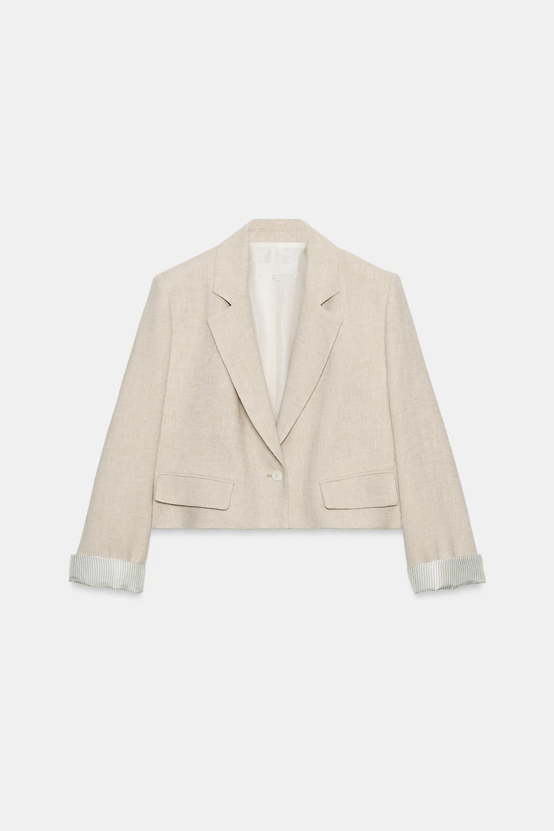 LINEN CROPPED BLAZER WITH SHOULDER PADS