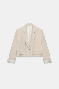 LINEN CROPPED BLAZER WITH SHOULDER PADS