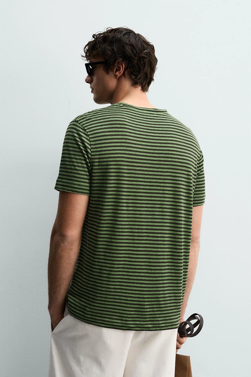 REGULAR FIT STRIPED LINEN BLEND T-SHIRT