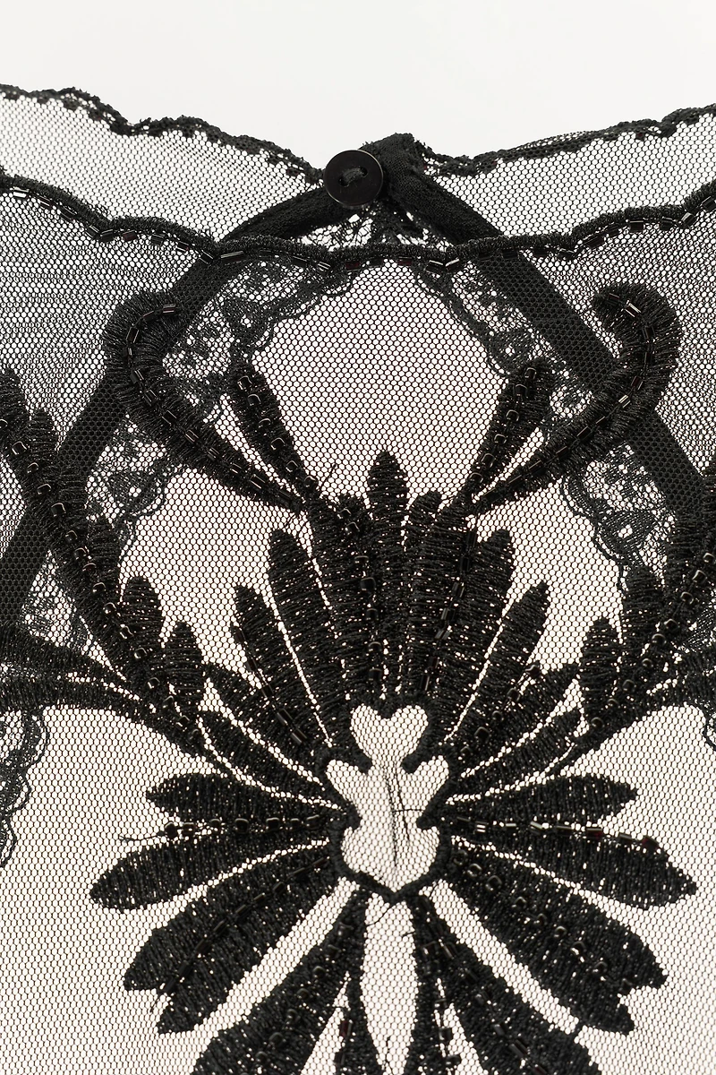 EMBROIDERED GODET DRESS WITH BEADING