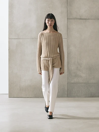 Cotton blend knit boat neck sweater