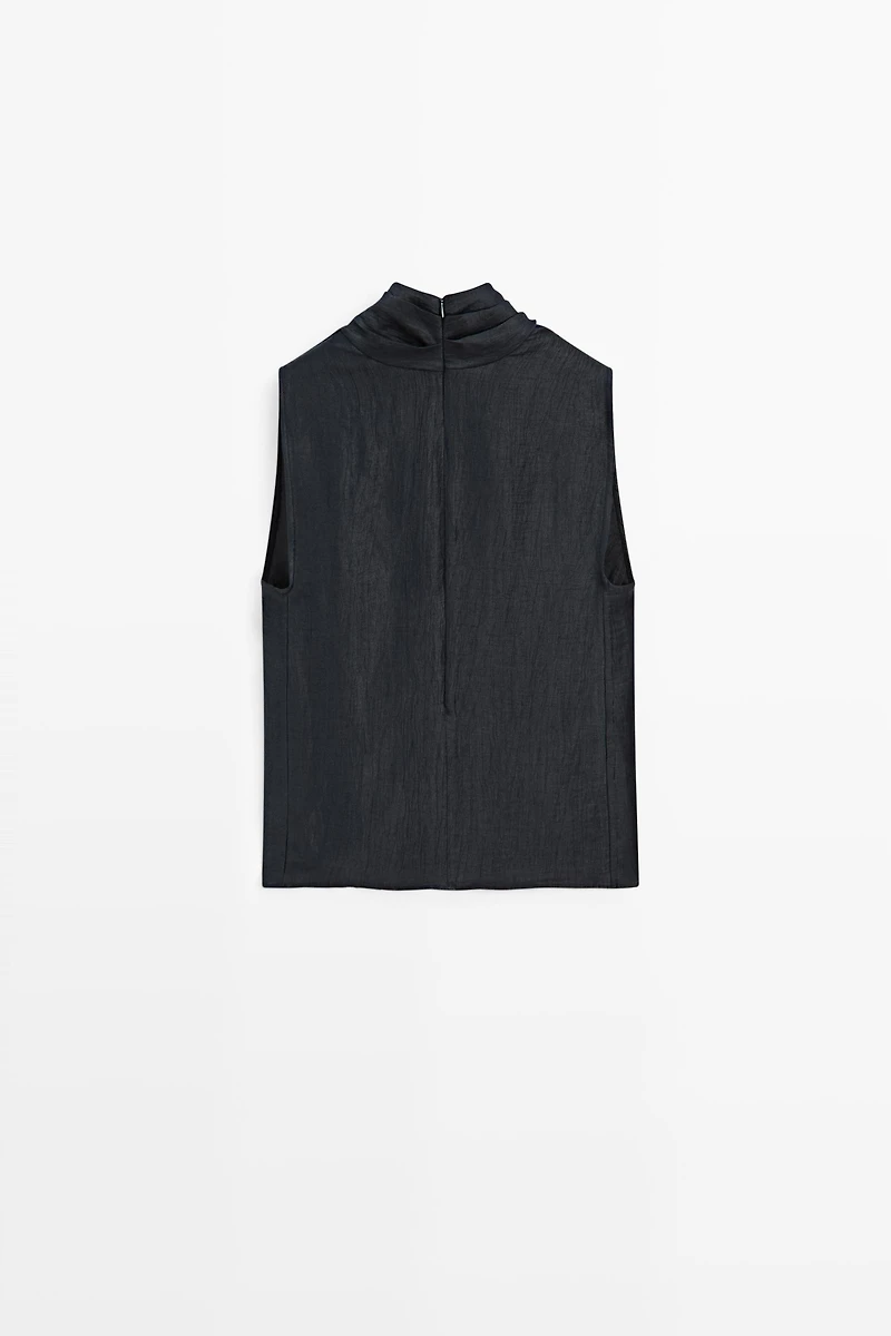 Linen blend sleeveless crossover top