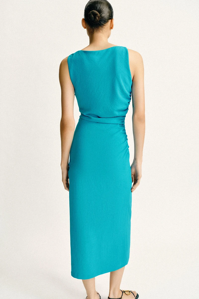 GOLD APPLIQUE DRAPED MIDI DRESS