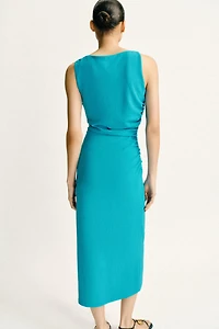 GOLD APPLIQUE DRAPED MIDI DRESS